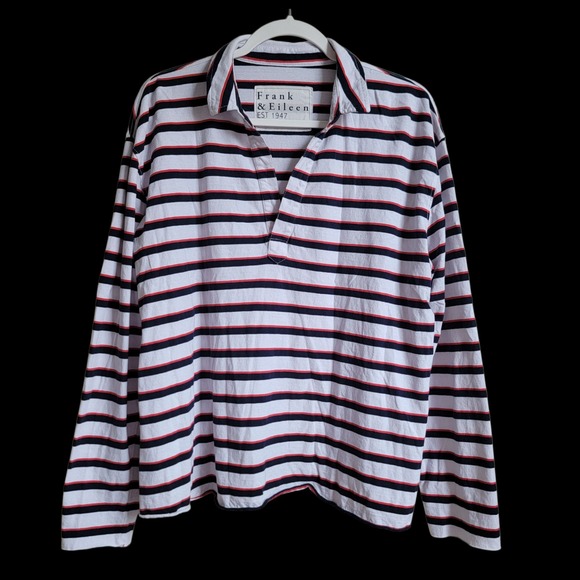 Frank & Eileen Cotton Patrick Popover Henley Top Striped Size XL White Navy Red - Picture 3 of 12